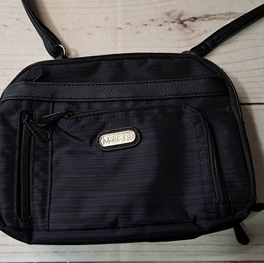 Multisac Black And Blue Pin Stripe Crossbody Purse Lots Of Pockets